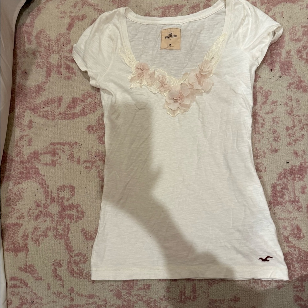 Hollister White Tee with Pink Floral Accents